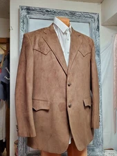 48L Vtg Western Blazer Jacket Men cowboy Rancher Rodeo Brown Faux Suede Euc