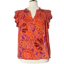 NWT Rose & Olive Women's Floral Flowy Chiffon Split V-Neck Blouse Top Size Large