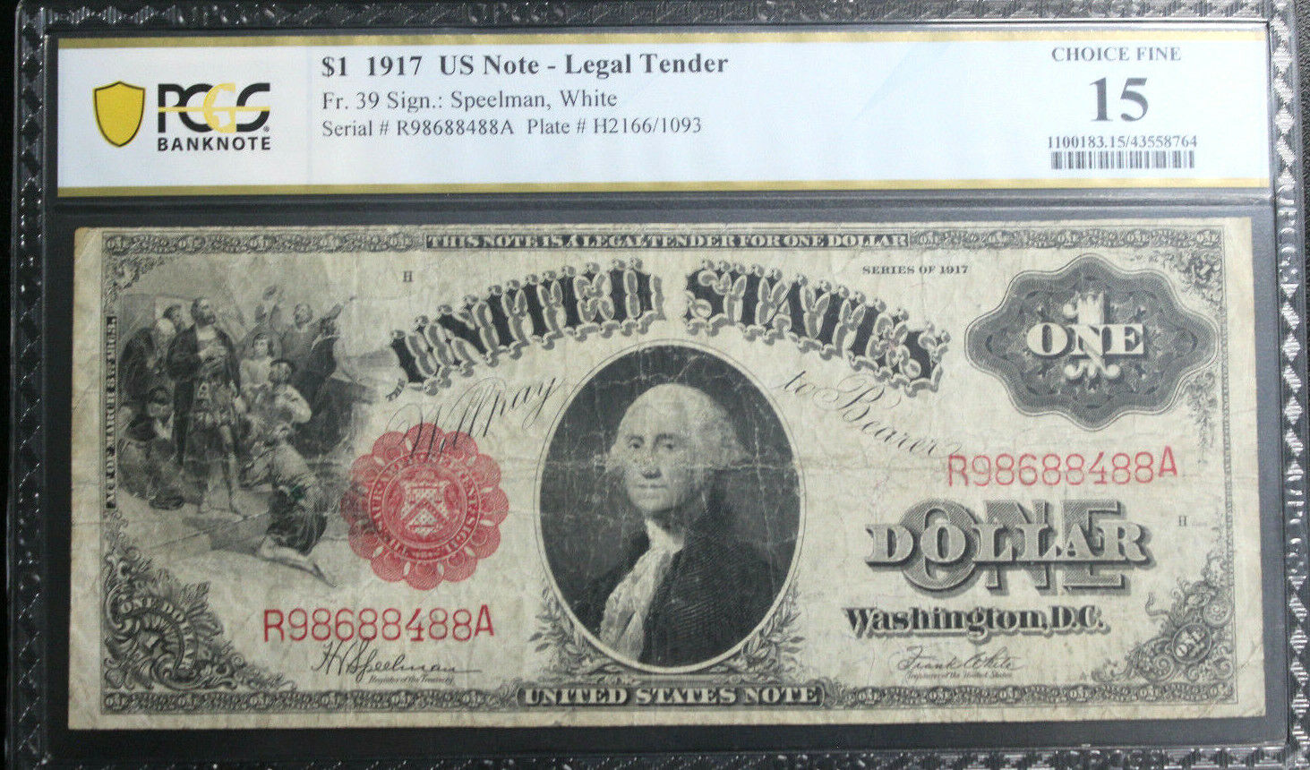 1917 $1 LEGAL TENDER RED SEAL NOTE CURRENCY FR.39 PCGS 15 CH FIN