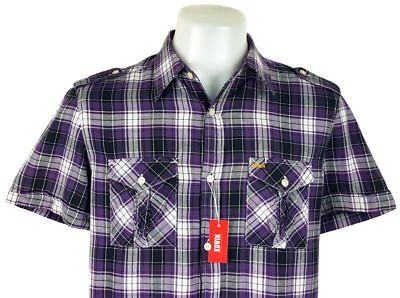 EDWIN Herren lila kariertes S/S ABENDHEMD ULTRASOFT - L - Brustumfang 44'' - UVP 129£