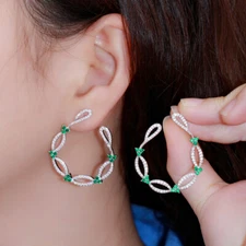 Women Simple Silver Plated Green Cubic Zirconia Earrings Stud Drop Party Jewelry