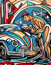 CORBELLIC CAR MECHANIC 16X20 LARGE GALLERY CUBIST COLLECTIBLE DESIGNER HOME