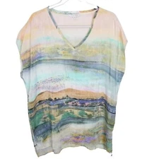 John Mark Womens M Multicolor Scenery Print Caps Sleeves V-Neck Silk Blouse