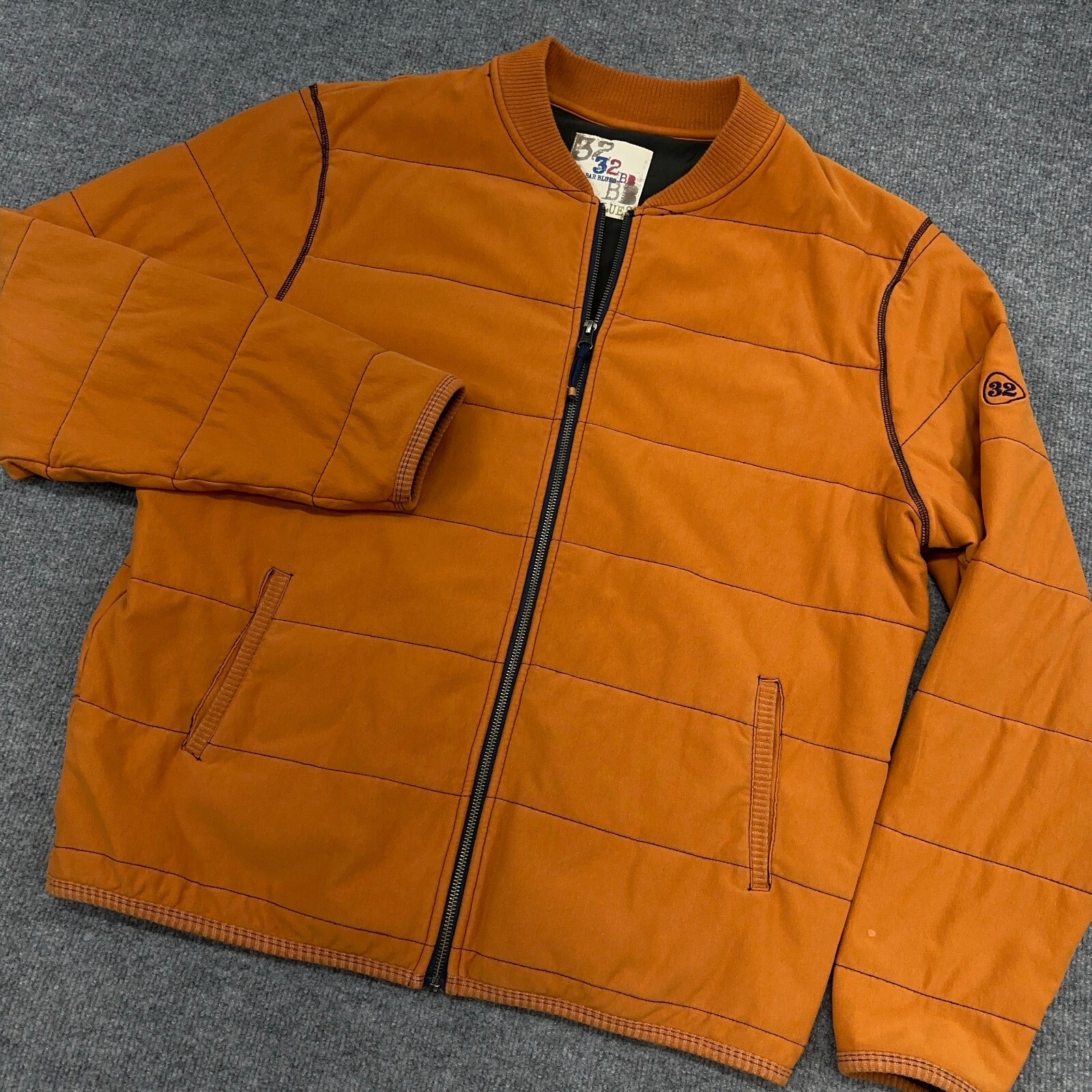 32 Bar Blues Jacket Mens XL Orange Quilted Bomber Cotton Stretch Full Zip