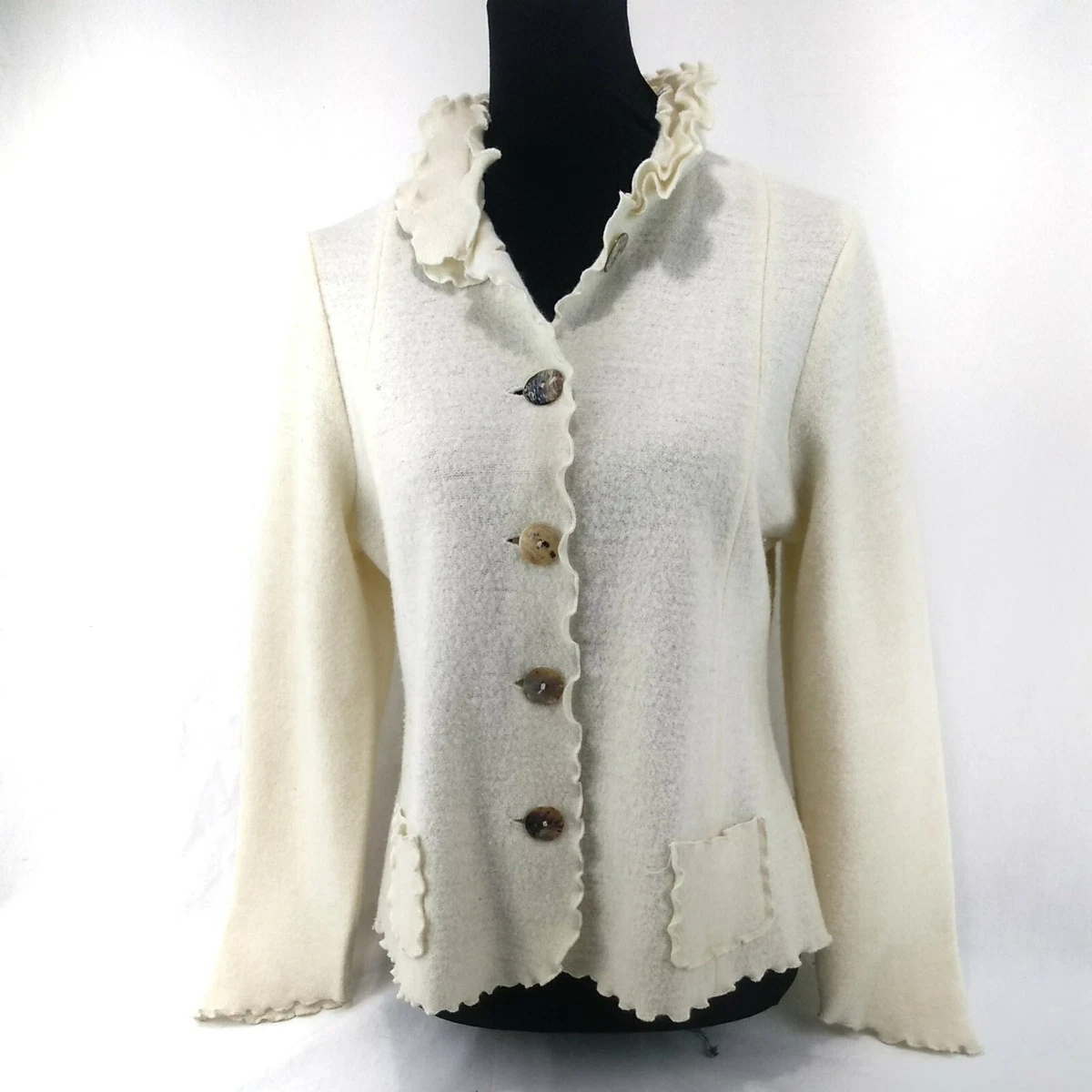 Venario 100 Wool Cardigan Sweater M Ivory Ruffle Sweater Long