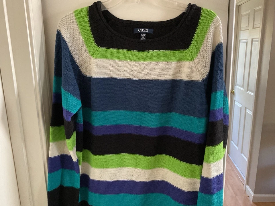 Chaps By Ralph Lauren Sweater Cotton Blue Aqua White Green Striped Size XL - Image 4 of 4