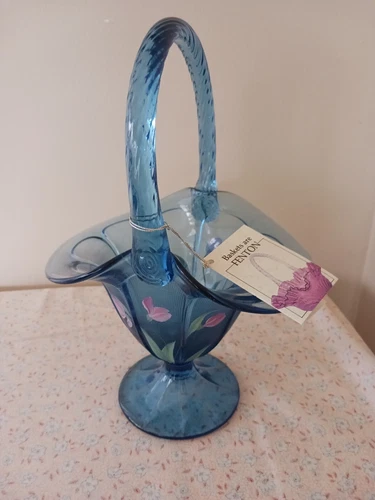 Hand Painted Fenton Blue Basket Artist M. Wagner Pink Florals 10 1/2" Tall