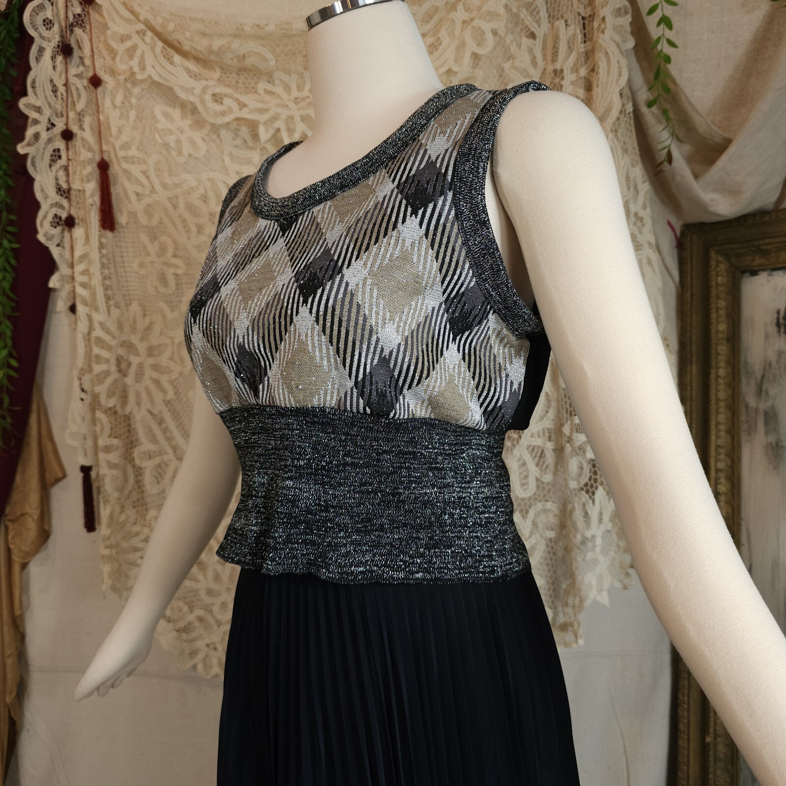 Vintage 1970s Sweater Sparkly Plaid Sleeveless Cr… - image 3