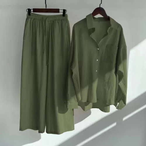 Women Lady Summer Solid Color Cotton Linen Suit Lapel Long Sleeve Top Leg Pants - Bild 11 von 42