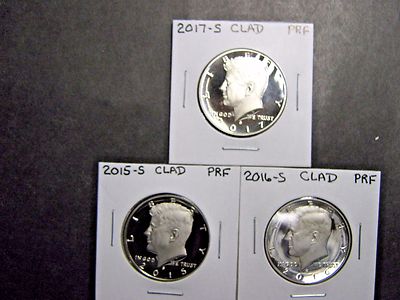  2015 S  2016 S  2017 S  CLAD PROOF KENNEDY HALF DOLLARS (3 Coins)
