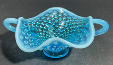 Fenton Blue Opalescent Footed Hobnail Bon Bon Candy Dish Double Handled loc 4778