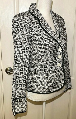 BLACK WHITE Embroidered Eyelet KENAR Jacket Cotton Dressy Work BLAZER - Size 8 - Picture 2 of 7