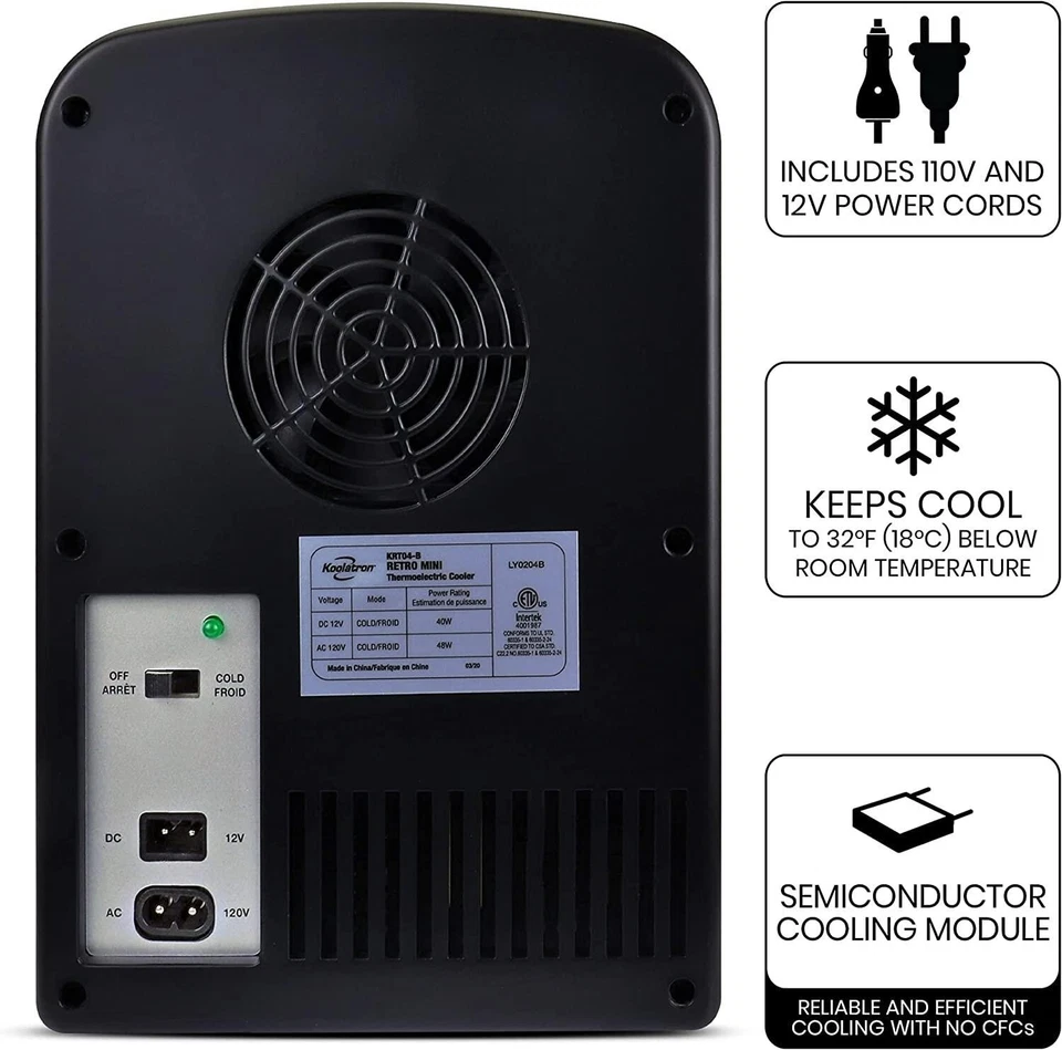 Koolatron 4L 6-Dosen Retro Tragbarer Mini-Kühlschrank Kühler 12V (Schwarz) - Bild 4 von 4