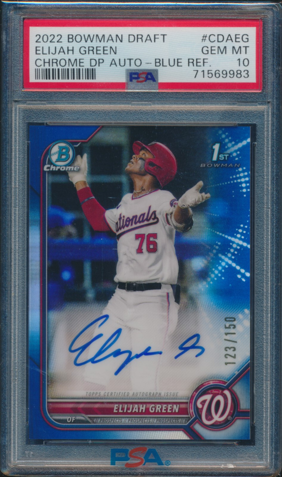 PSA 10 ELIJAH GREEN AUTO 1st 2022 Bowman Chrome BLUE REFRACTOR #/150 RC GEM MINT