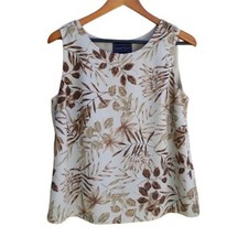 Vtg Tank Top Blouse Sleeveless Scoop Neck Tan Botanical Leaf Print Sz M