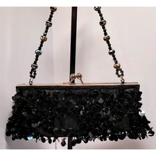 Clutch Purse Bijoux Terner Black Satin Sequin Beaded Strap Kiss Lock Flawed
