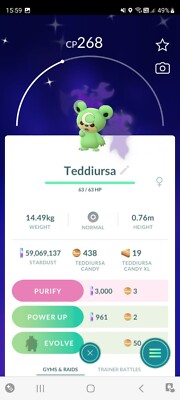 SHINY  PURIFIED TEAM ROCKET TEDDIURSA!!! - PKMN GO!!! - NON REGISTERED!!!