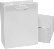 White Gift Bags with Handles - 8x4x10 Inch 50 Pack Designer Paper Shopping Bags