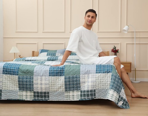 Plaid Quilt Set King Size Patchwork Quilts Bedding Plaid Reversible Bedspread... - Picture 5 of 8
