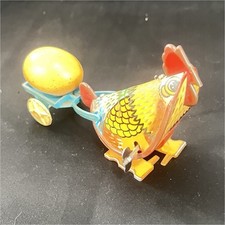 Vintage Tin Wind-Up Chicken with Egg Cart Toy
