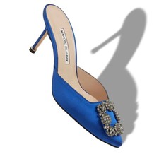 NEW Manolo Blahnik Blue Satin Jewel Buckle Mules size 38