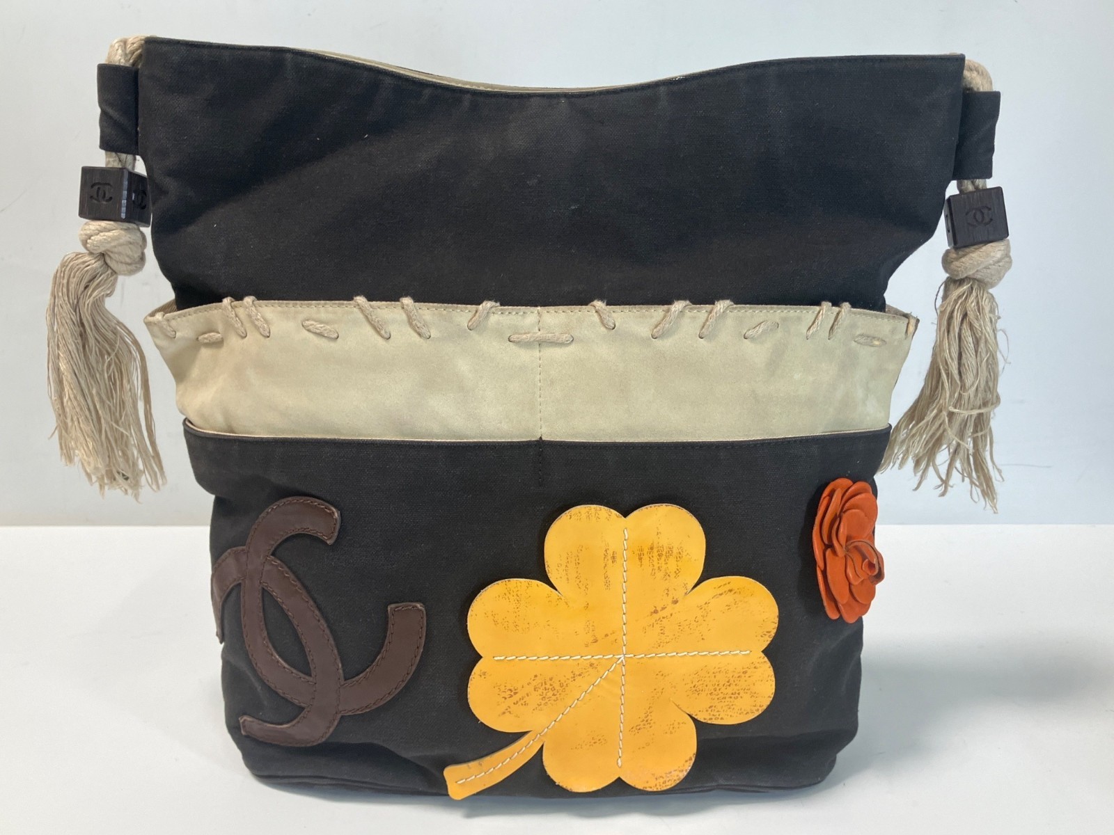 CHANEL Black & Beige Canvas Shoulder Tote w/ COA 16