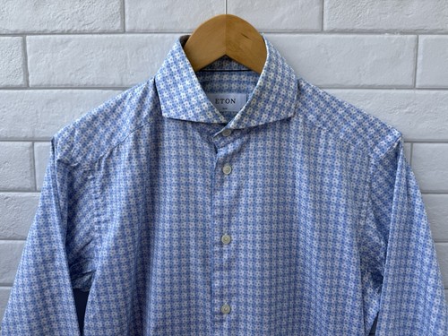 Eton Slim Fit Check Floral Stretch Shirt Pastel Blue Size 38 15 - Picture 5 of 14