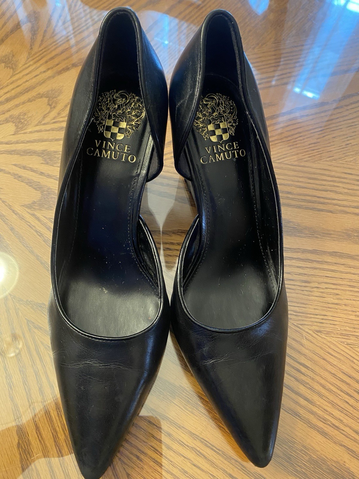 Vince Camuto Black Leather Wedge Slip On Pointed Toe Pumps Women Solid Heels
