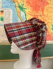 Vintage 60/70s Handmade Plaid Prairie Bonnet-Elastic Back, No Ties-New Condition
