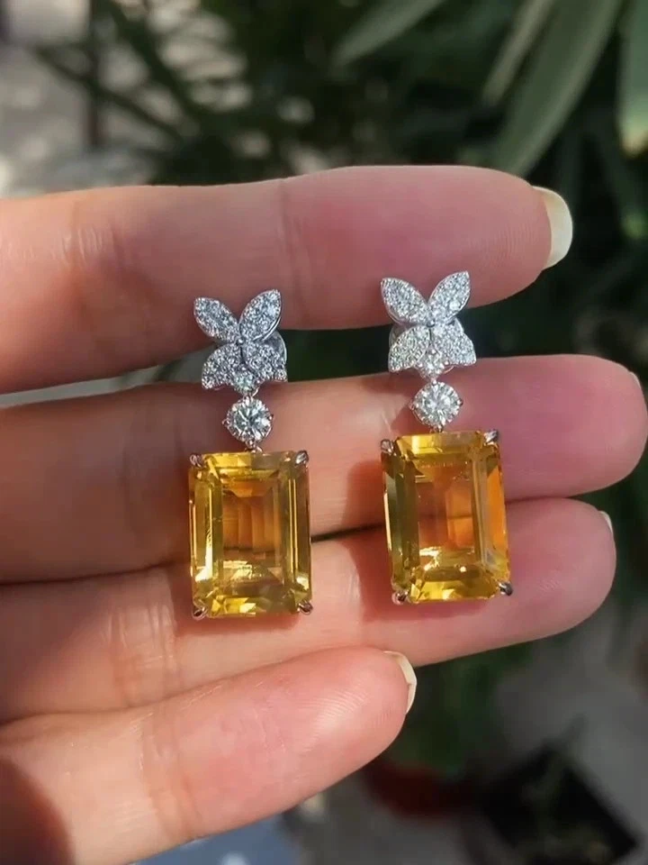 Pendientes de diamantes citrinos naturales esmeralda de 6,00 quilates de oro blanco macizo de 14 k Foto 2 de 4