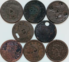 Lot 8 1827-1853 Counterstamped Large Cent Penny 1c Matron Head Braided Hair Cull