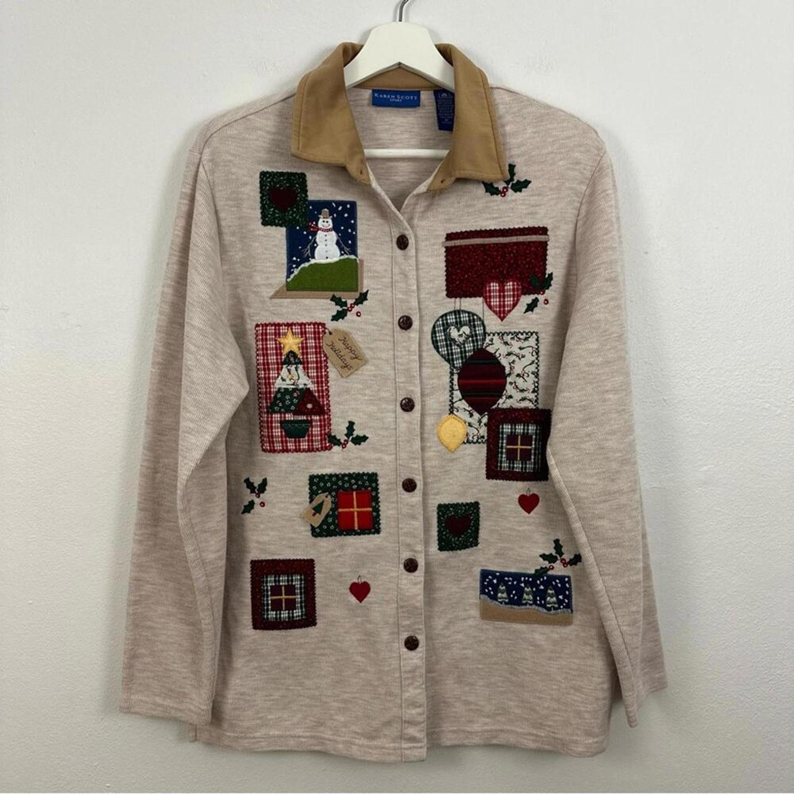 Karen Scott Women's Christmas Holiday Patchwork Grandma Button Down Shirt Size M