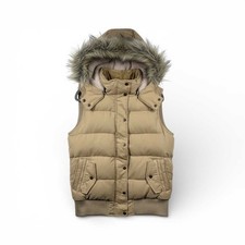 146 Fat Face Womens Beige UK 14 Puffer Vest Gilet with Fluffy Hood & Fur Lined