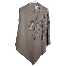 Chico's Sweater Women's L/XL Brown Fuzzy Sequin Plush Shawl Slouchy Poncho