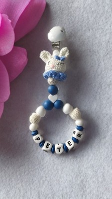Personalisierter Kinderwagen Anhänger Hase Blau Design Handarbeit 