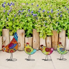 4 Pack Chicken Garden Decor for Outside, Rooster Glass & Metal Yard Art 
