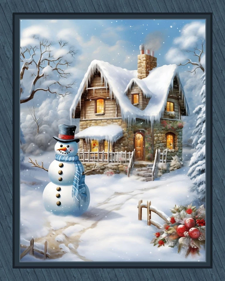 Painel de colcha de tecido SNOWMAN COTTAGE 36" x 45", Natal, feriado, neve - Imagem 2 de 4