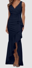 Betsy  Adam Women's Blue V-Neck Cascade Ruffle High Low Gown Dress Size 12