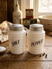 Vtg Hazel Atlas Milk Glass Beehive Salt and Pepper Shakers Black Lettering