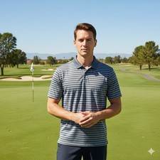 Nike Mens Size Small Golf Dri-Fit Polo Shirt Navy Blue Grey Striped Logo Outdoor