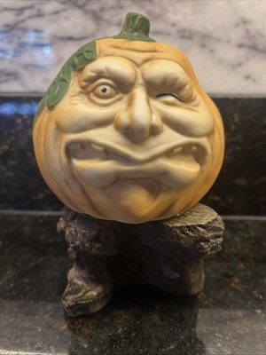 Pumpkin Vtg Enesco Pumpkin Head on Tree Base Grin Smirk Figure Statue Halloween