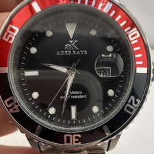 Adee Kaye Men's Diver Quartz Wristwatch 50M Black Dial Red/Black Bezel Steel