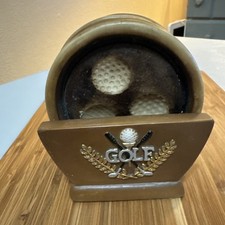 Set of Four 4x Vintage Golf-Themed Ceramic Coasters with Holder. Felt bottom