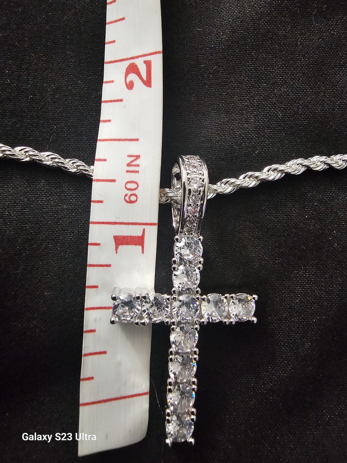 22inch 925.Silver Plated-1.7mm  Rope Chain w/CZs Cross Pendant Charm image 3