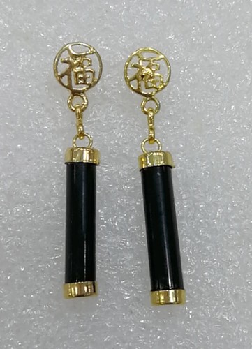 Red Purple Green Black Jade Agate Stick Gold Plated Fortune Stud Dangle Earrings - Picture 13 of 21