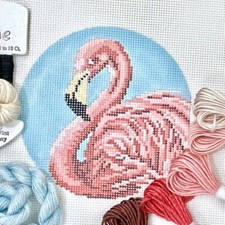 Needle Crossings Hand painted Needlepoint Canvas KIT 4" round pink Flamingo bird