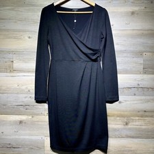 Talbots Stretch Wool Knit Long Sleeve Knee Length Dress Black Size S Faux Wrap