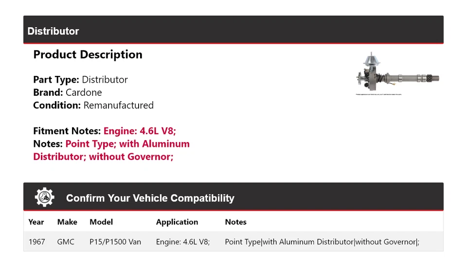 For 1967 GMC P15/P1500 Van 4.6L V8 Distributor Cardone - Image 2 of 4