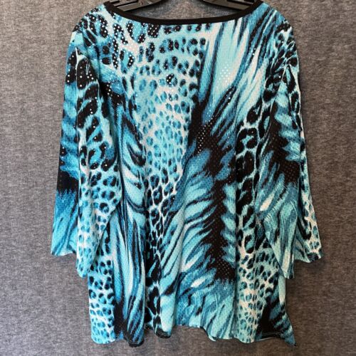 Susan Graver Bluse Damen Plus 2X Blau Pailletten V-Ausschnitt Struktur Animal Print Top - Bild 6 von 10