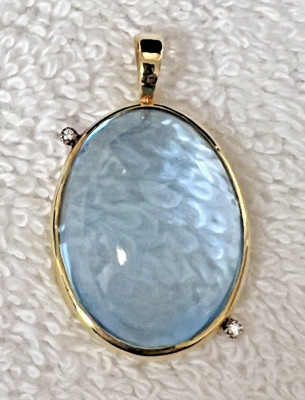 18Kt Gold Blautopas mit Diamant Punkten 1 5/8 x 1 Zoll Anhänger signiert 750 RFMAS